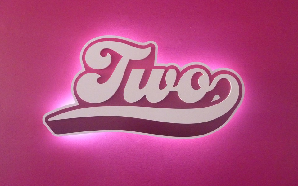 Business Reception Signage, three layer logo with digital print and halo lighting.