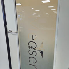 Etched privacy film with logo. Medserve, Haywards Heath